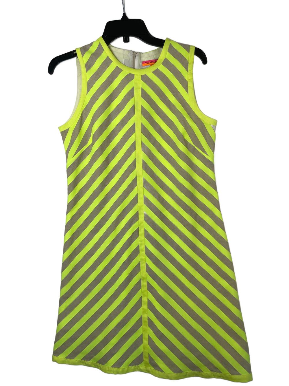 Vilagallo Linen Blend Natural Neon Green Chevron Stripe Dress 41 US 10 pre-owned